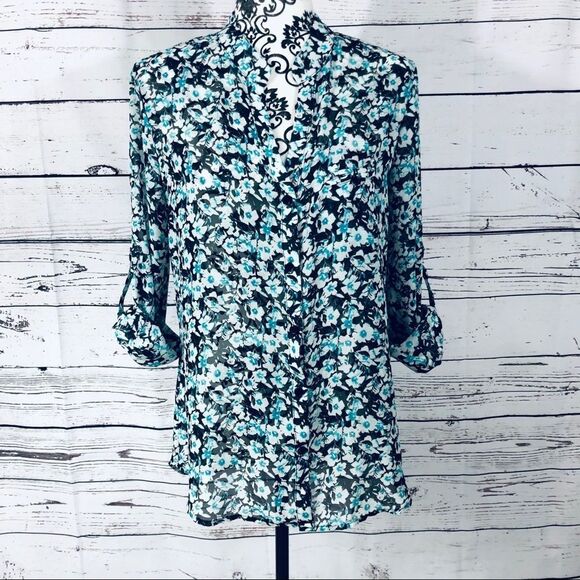 Kut from the Kloth Jasmine Floral Blouse Blue Black White S - Picture 2 of 6
